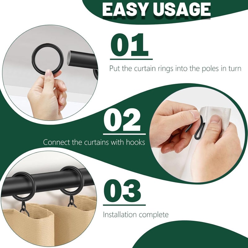 Dpyrrhic 60Pcs Metal Curtain Rings and 60 Pcs Curtain Drapery Pin Hooks,Black Curtain Hooks for Drapes,30mm Internal Diameter for Window, Shower Curtain - Image 3